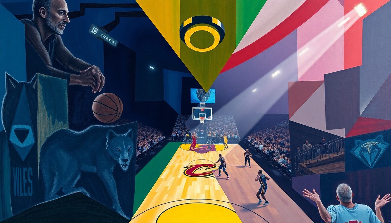 A fractured, geometric painting in bold colors captures the dynamic energy of a basketball game, with players