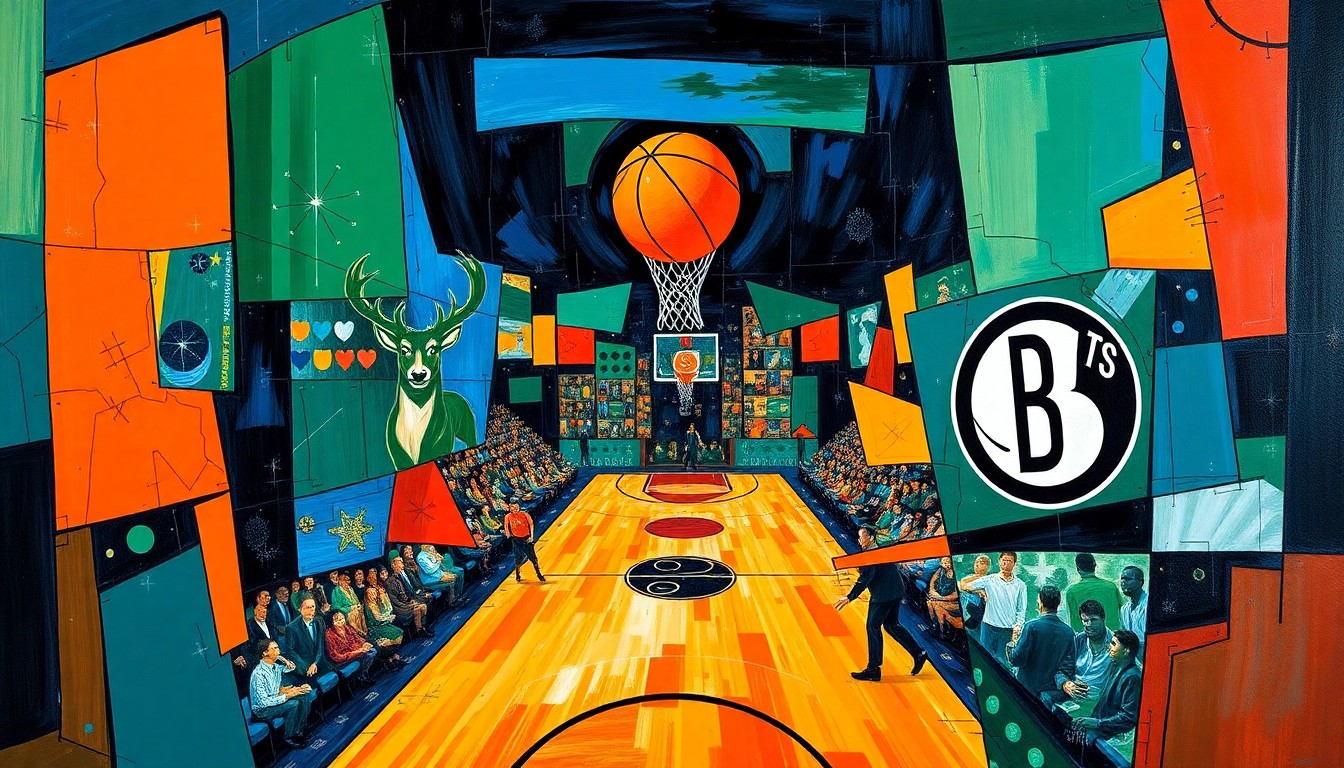 A cubist-style painting depicting a basketball game between the Milwaukee Bucks and Brooklyn Nets, with the players and court broken down into sharp, overlapping geometric shapes in a vibrant color palette.