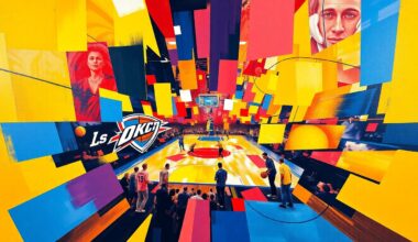 A cubist-style painting depicting an intense basketball game between the Oklahoma City Thunder and Los Angeles Lakers, with the players and court broken down into sharp, overlapping geometric shapes in the teams