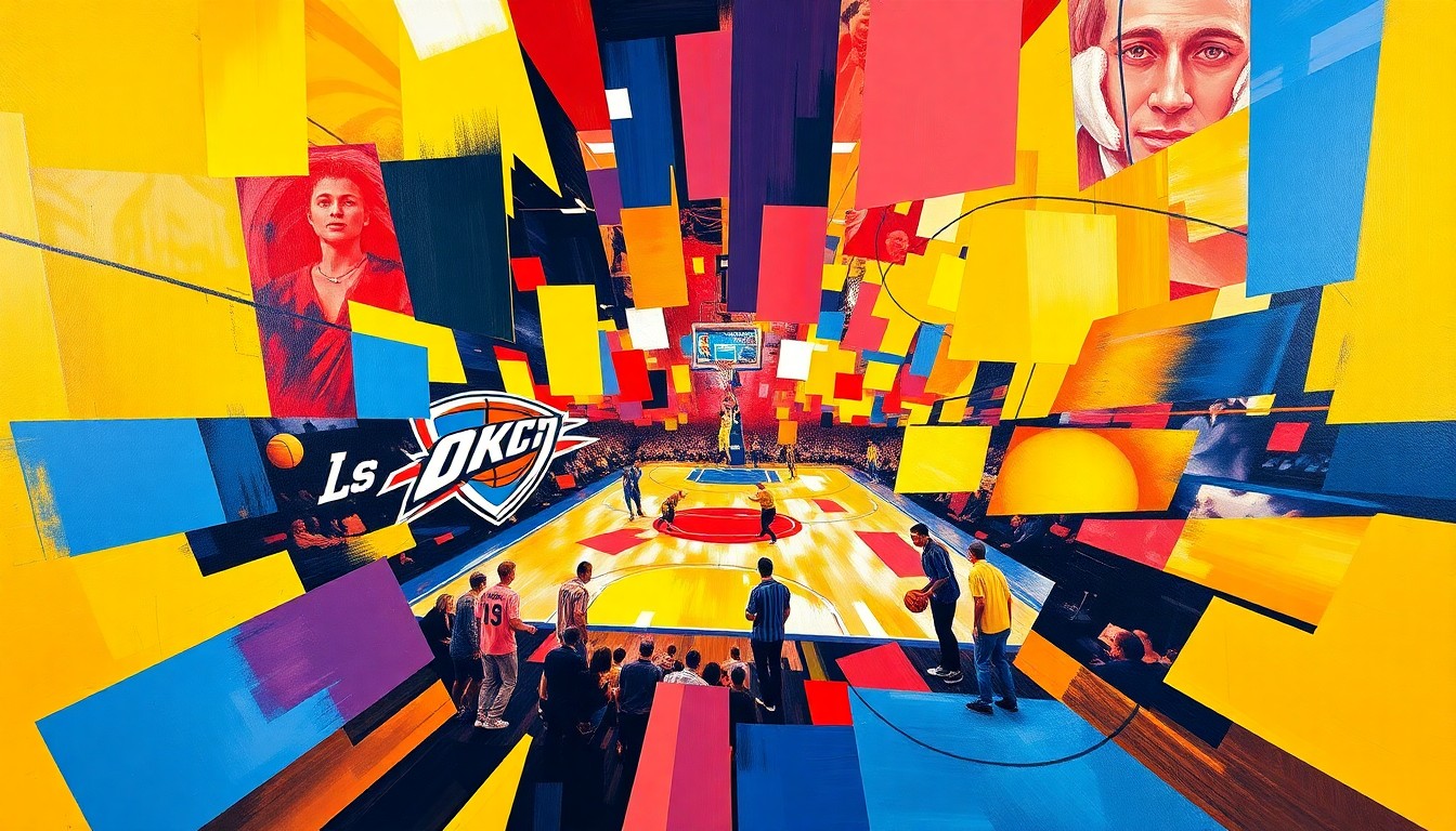 A cubist-style painting depicting an intense basketball game between the Oklahoma City Thunder and Los Angeles Lakers, with the players and court broken down into sharp, overlapping geometric shapes in the teams
