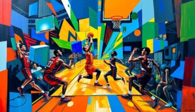 A cubist, geometric painting depicting the intense basketball action between the Nuggets and Trail Blazers, with sharp, overlapping planes of color and movement capturing the raw energy of the game.