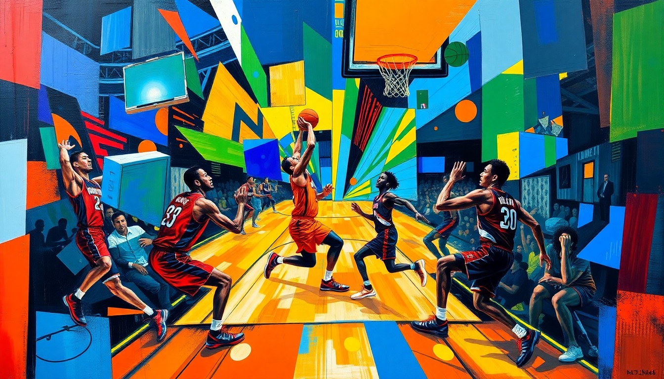 A cubist, geometric painting depicting the intense basketball action between the Nuggets and Trail Blazers, with sharp, overlapping planes of color and movement capturing the raw energy of the game.