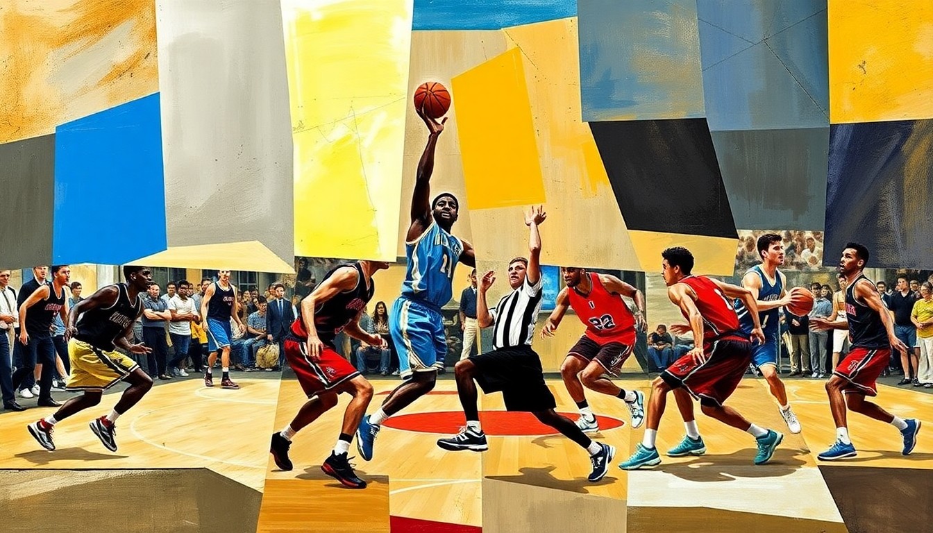 A cubist, geometric painting depicting the dynamic movement and energy of a basketball game, with the players