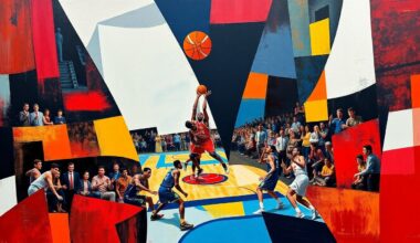 A cubist, geometric painting depicting a fragmented basketball game, with sharp overlapping planes of red, black, white, blue, and yellow colors representing the Blazers and Nuggets uniforms.