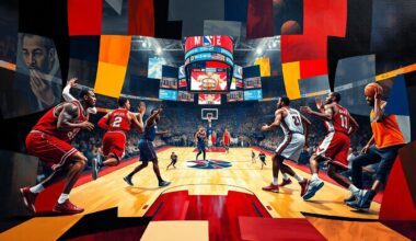 A fractured, multi-perspective painting in vibrant colors, breaking down a basketball game between the Chicago Bulls and Washington Wizards into sharp, overlapping geometric planes and abstract shapes, conceptually representing the challenges facing both teams in this low-scoring affair.