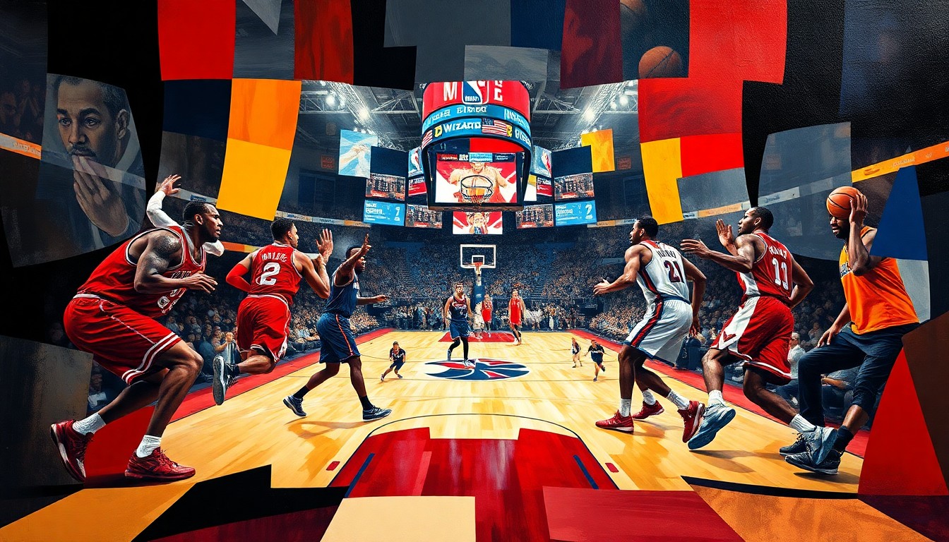 A fractured, multi-perspective painting in vibrant colors, breaking down a basketball game between the Chicago Bulls and Washington Wizards into sharp, overlapping geometric planes and abstract shapes, conceptually representing the challenges facing both teams in this low-scoring affair.