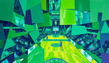 A fragmented, geometric painting depicting the dynamic action of a basketball game between two NBA teams, with sharp planes of color and overlapping perspectives capturing the energy of the competition.