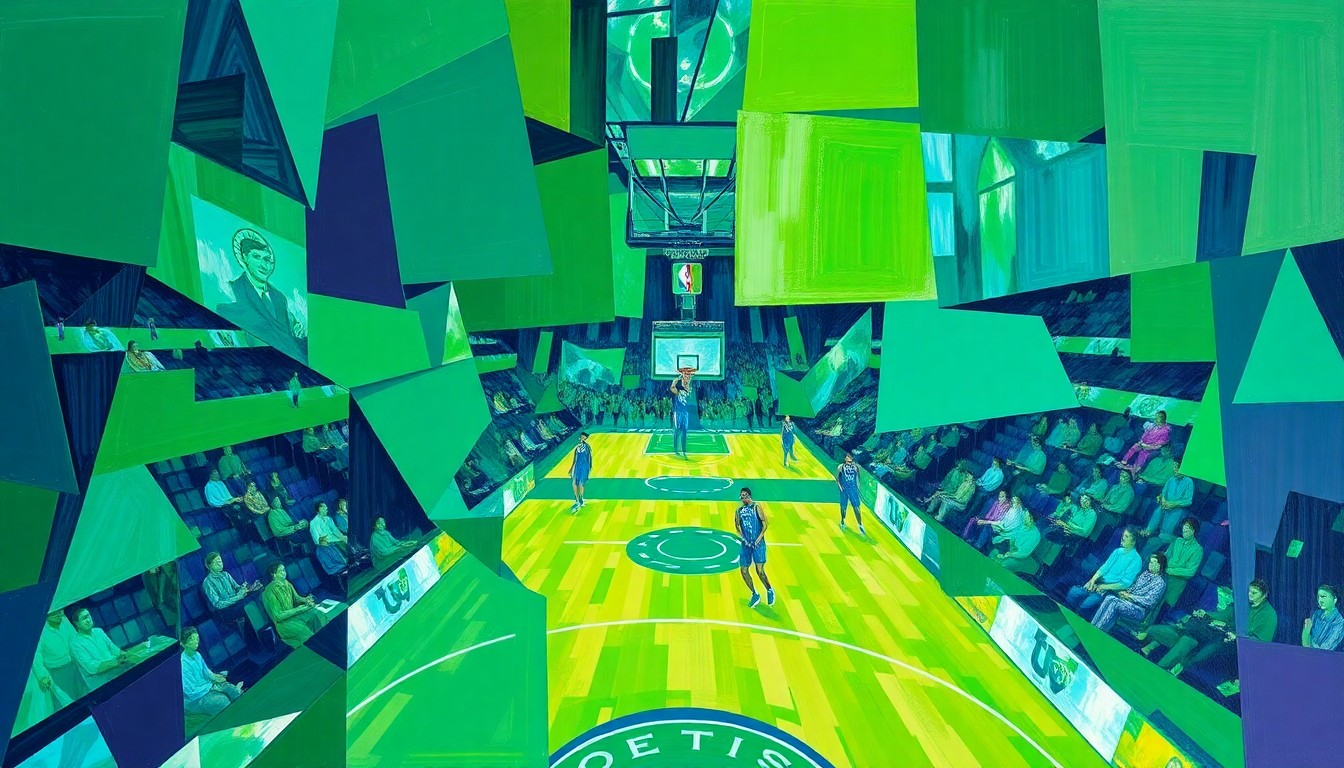 A fragmented, geometric painting depicting the dynamic action of a basketball game between two NBA teams, with sharp planes of color and overlapping perspectives capturing the energy of the competition.