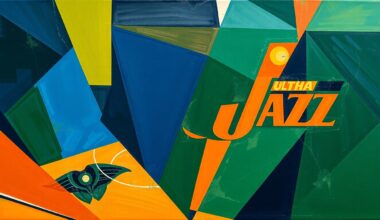 A cubist, geometric painting depicting a basketball game between two teams, with the players and court broken down into overlapping planes of deep blue, forest green, and burnt orange hues.