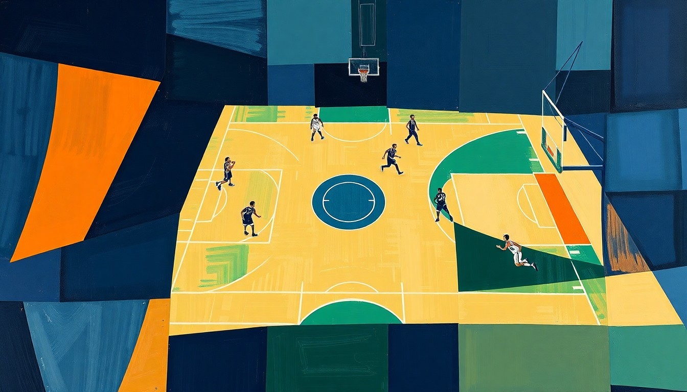 A cubist-style painting depicting a fragmented basketball court and players, with sharp geometric shapes and planes in navy, green, and orange, conveying the disjointed and chaotic state of the Chicago Bulls organization.