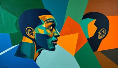 A fractured, geometric painting depicting the collision between two players, with sharp planes of color representing the force of the impact and the uncertainty surrounding Wembanyama