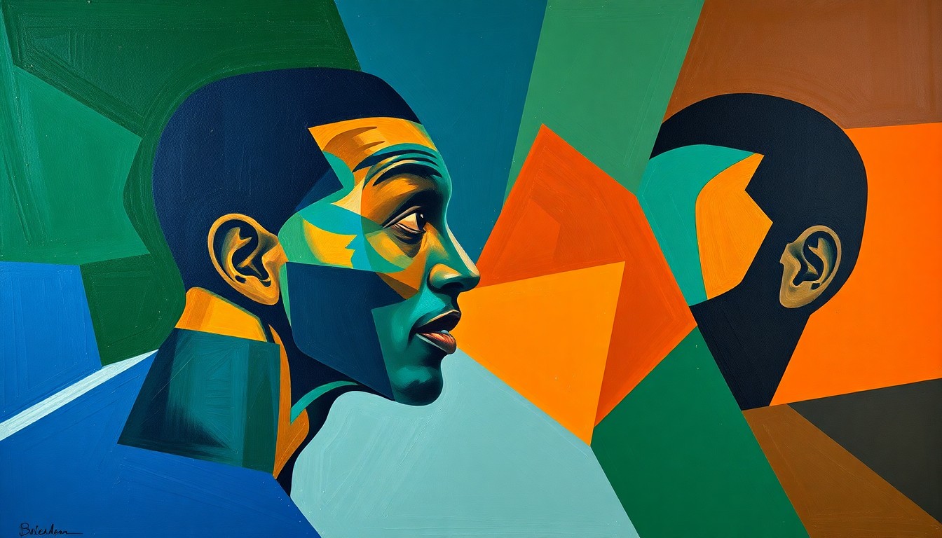A fractured, geometric painting depicting the collision between two players, with sharp planes of color representing the force of the impact and the uncertainty surrounding Wembanyama