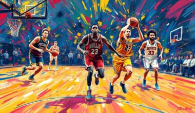 An abstract, expressionist painting featuring vibrant, neon-colored brushstrokes that capture the dynamic movement and energy of a basketball game, with the players