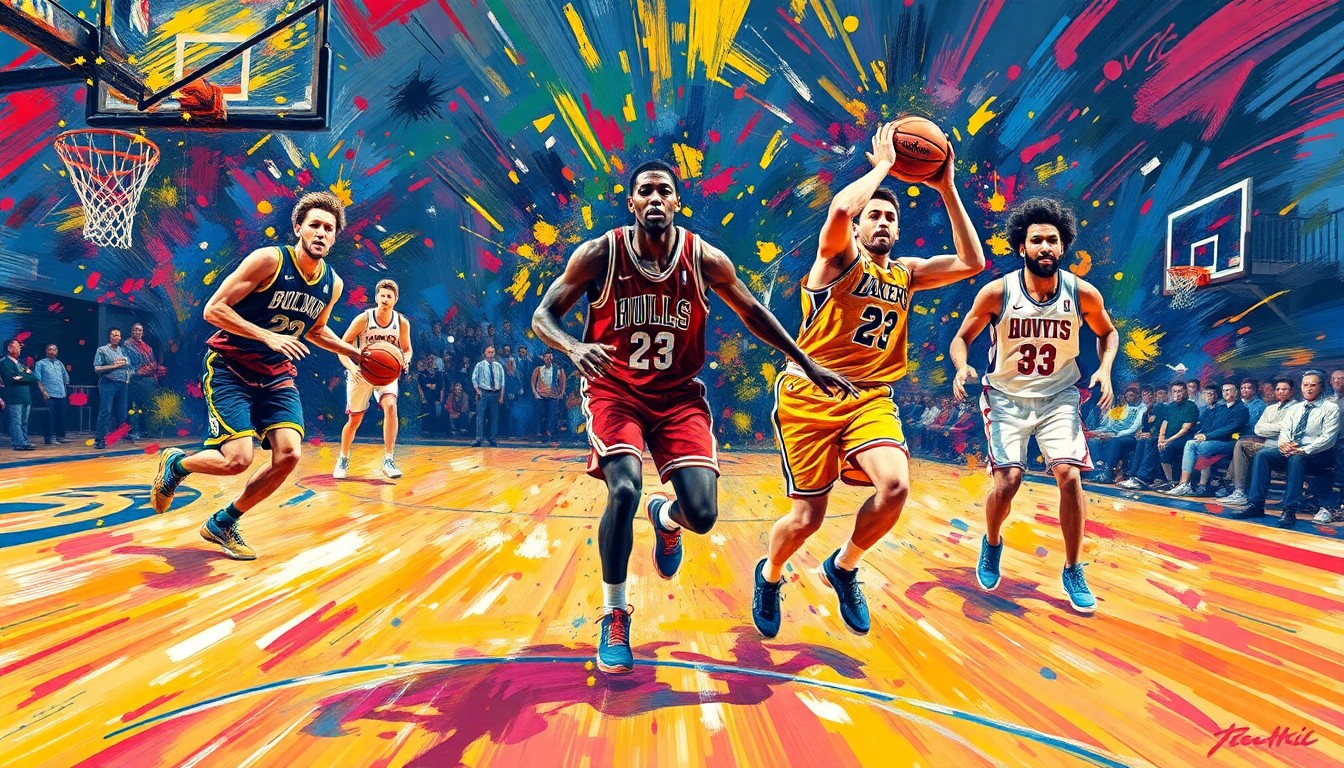 An abstract, expressionist painting featuring vibrant, neon-colored brushstrokes that capture the dynamic movement and energy of a basketball game, with the players