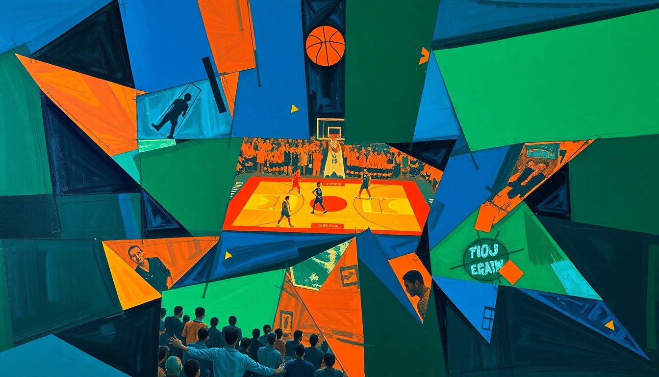 A fragmented, cubist-style painting depicting a basketball game or playoff competition, with the players and court broken down into sharp, overlapping geometric shapes in a palette of deep blue, forest green, and fiery orange, conveying the dynamic and uncertain nature of the 76ers