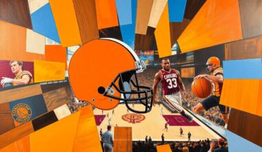 A fractured, multi-perspective painting in bold, vibrant colors that breaks down a football and basketball game into sharp, overlapping geometric shapes, conceptually representing the dynamic energy and competitive spirit of Cleveland