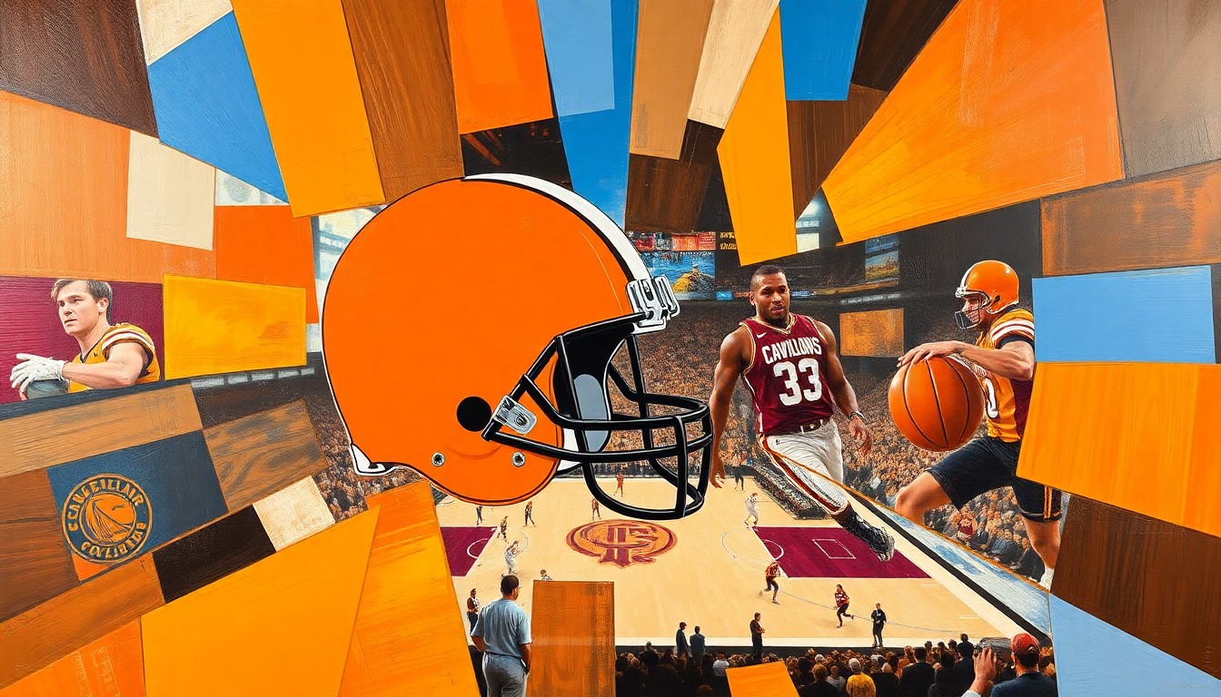 A fractured, multi-perspective painting in bold, vibrant colors that breaks down a football and basketball game into sharp, overlapping geometric shapes, conceptually representing the dynamic energy and competitive spirit of Cleveland