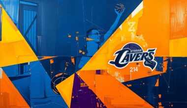 A cubist, geometric painting depicting a fragmented basketball court scene, with sharp planes of navy blue, orange, and silver representing the dynamic energy of an NBA game.