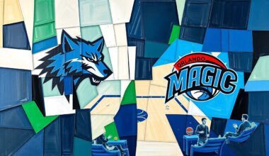 A fractured, multi-perspective painting in vibrant shades of blue, green, black, and white, breaking down the action of a basketball game into sharp, overlapping geometric planes to conceptually represent the high-stakes playoff seeding battle between the Timberwolves and Magic.
