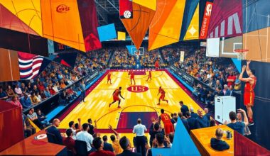 A cubist, geometric painting depicting a basketball game between the Cleveland Cavaliers and Atlanta Hawks, with the players and court broken down into sharp, overlapping shapes and planes of vibrant colors.