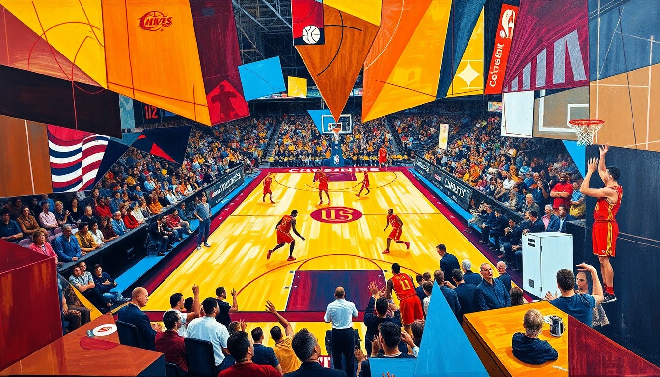 A cubist, geometric painting depicting a basketball game between the Cleveland Cavaliers and Atlanta Hawks, with the players and court broken down into sharp, overlapping shapes and planes of vibrant colors.