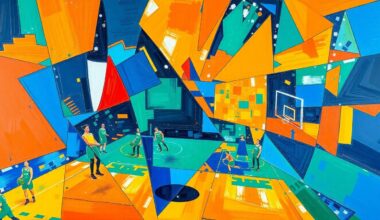 A fragmented, cubist-style painting depicting the chaotic energy of a basketball game, with overlapping geometric shapes in vibrant hues of blue, orange, and green, conveying the Timberwolves