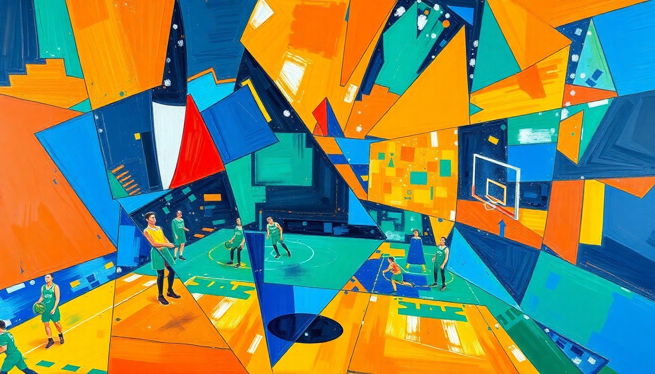 A fragmented, cubist-style painting depicting the chaotic energy of a basketball game, with overlapping geometric shapes in vibrant hues of blue, orange, and green, conveying the Timberwolves