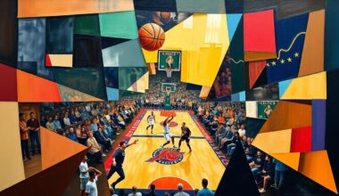 A cubist, geometric painting depicting a basketball game between the Celtics and Knicks, with the players and court broken down into sharp, overlapping shapes and planes of color.
