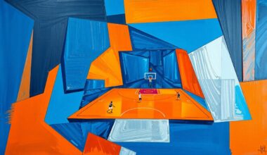 A cubist, geometric illustration depicting a basketball game or match, with sharp, overlapping planes of deep blue, bright orange, and metallic silver, capturing the dynamic energy and intensity of the sport.