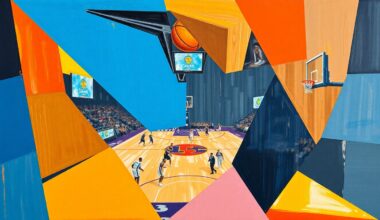 A fragmented, geometric painting depicting a basketball game between two teams, with the players and court broken down into sharp, overlapping planes of color and form.