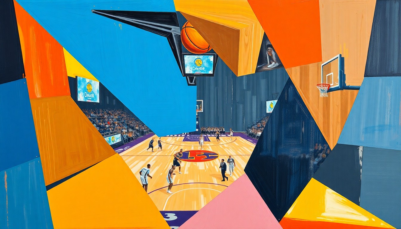 A fragmented, geometric painting depicting a basketball game between two teams, with the players and court broken down into sharp, overlapping planes of color and form.