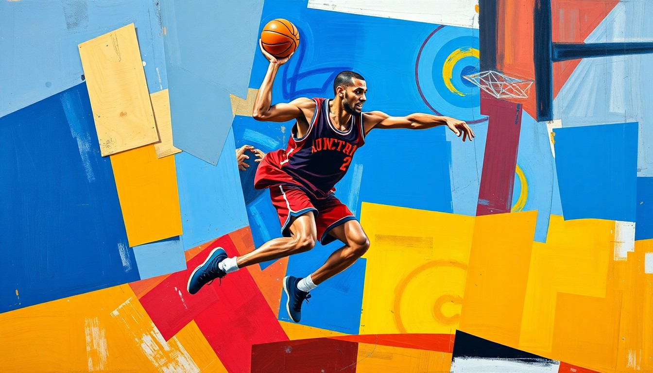 A cubist-style painting featuring fragmented, geometric shapes in vibrant colors that abstractly represent a basketball player