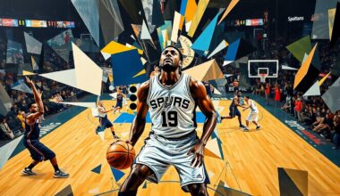 A fractured, geometric painting depicting the overlapping movements and collisions of a basketball game, with the figure of Victor Wembanyama at the center surrounded by fragmented shapes and lines.