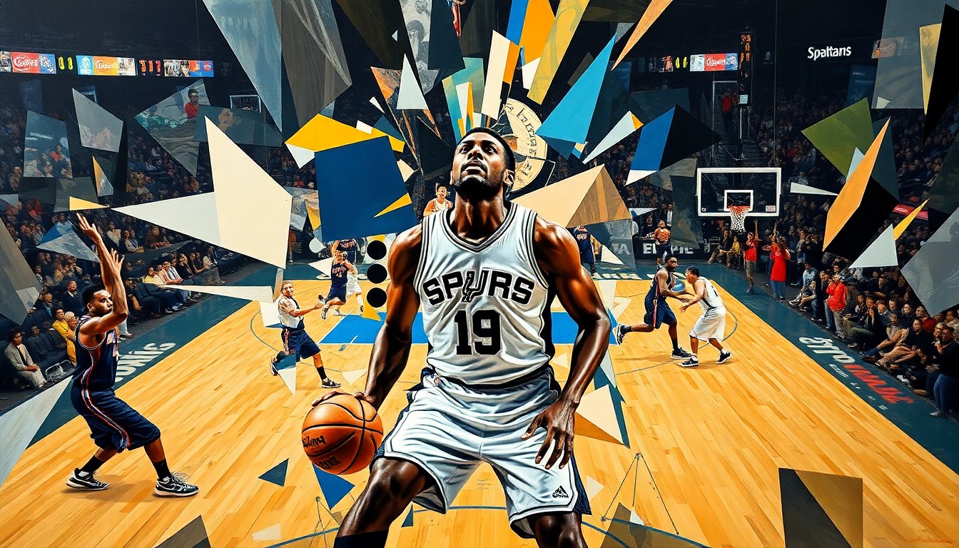 A fractured, geometric painting depicting the overlapping movements and collisions of a basketball game, with the figure of Victor Wembanyama at the center surrounded by fragmented shapes and lines.