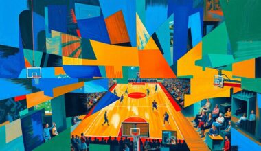 A fragmented, geometric painting in bold colors depicting a basketball game or match, with overlapping shapes and planes that deconstruct the action on the court.