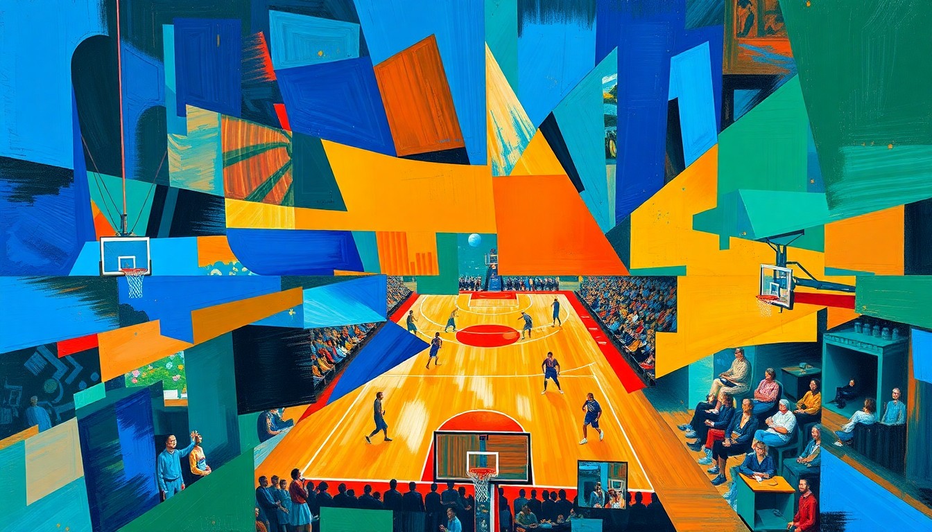 A fragmented, geometric painting in bold colors depicting a basketball game or match, with overlapping shapes and planes that deconstruct the action on the court.