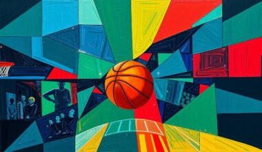 A cubist, geometric painting depicting a basketball game in motion, with sharp, overlapping shapes and planes in a bold color palette, conveying the energy and dynamism of the Bulls