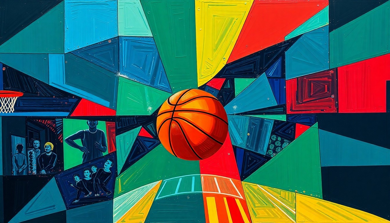 A cubist, geometric painting depicting a basketball game in motion, with sharp, overlapping shapes and planes in a bold color palette, conveying the energy and dynamism of the Bulls