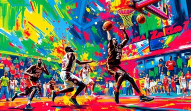 An abstract, expressionist painting featuring dynamic, neon-colored brushstrokes that capture the fast-paced movement and intensity of an NBA basketball game, with players