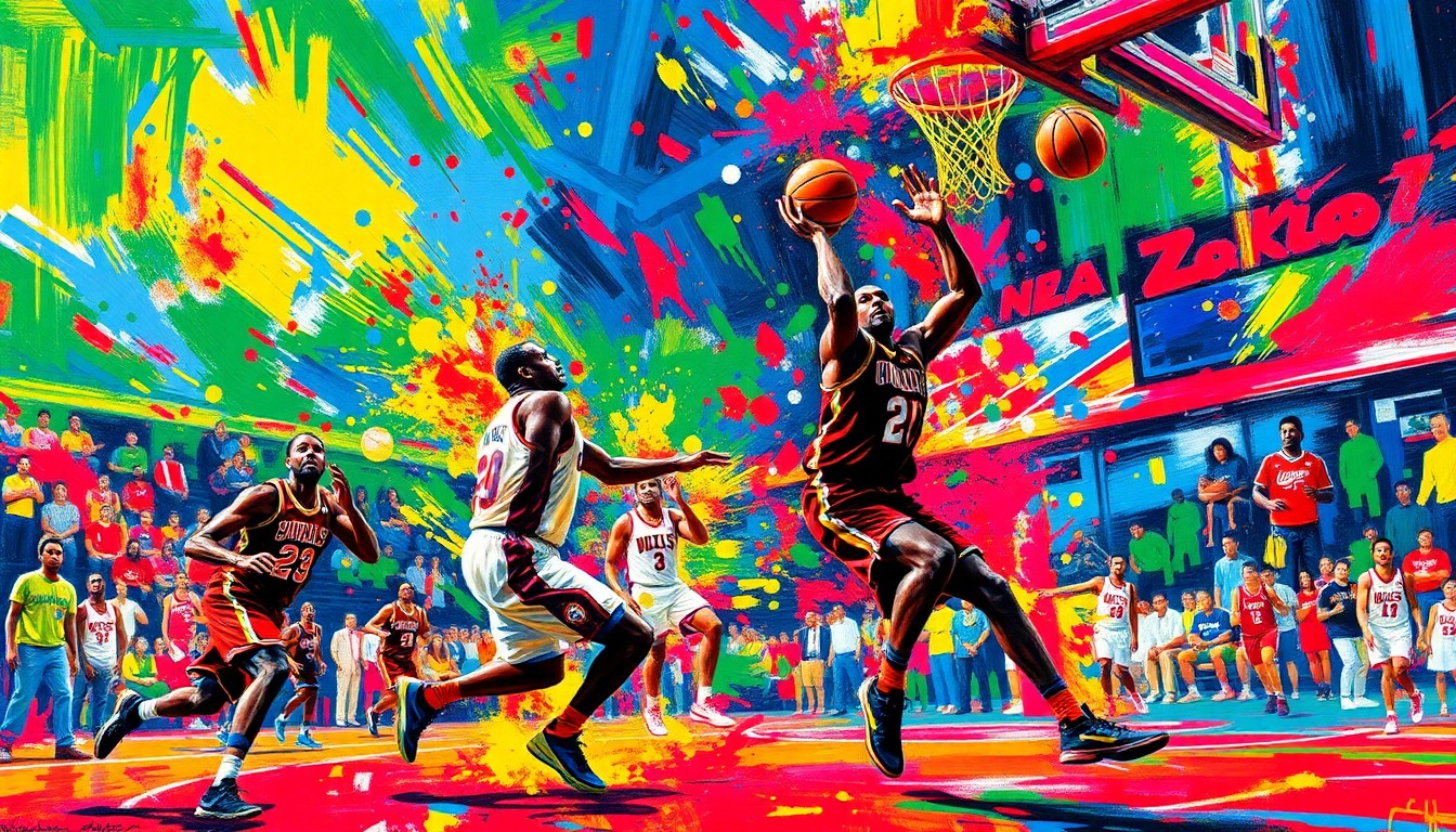 An abstract, expressionist painting featuring dynamic, neon-colored brushstrokes that capture the fast-paced movement and intensity of an NBA basketball game, with players