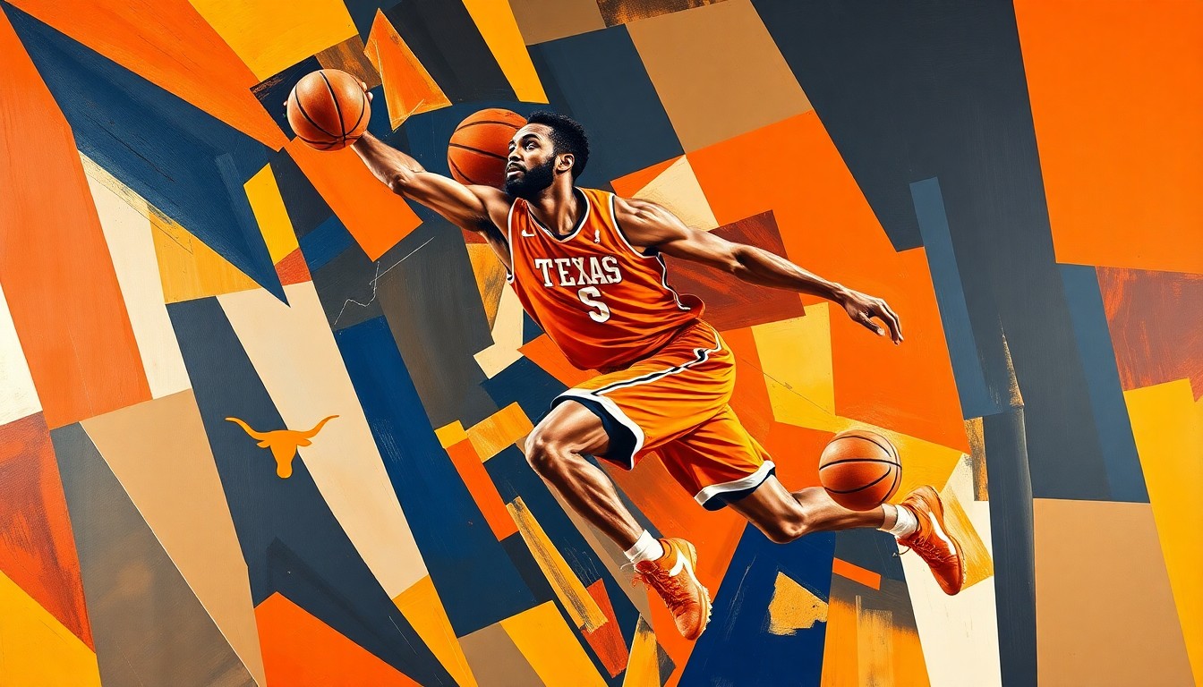 A fractured, cubist-style painting depicting a basketball player