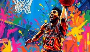 An abstract, expressionist painting in vibrant neon colors depicting the dynamic movement and energy of a basketball player driving to the hoop, their face and uniform details obscured by the rapid brushstrokes.