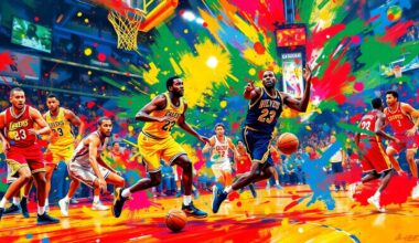 A vibrant, expressionist painting depicting the raw energy and athleticism of a fast-paced NBA basketball game, with players