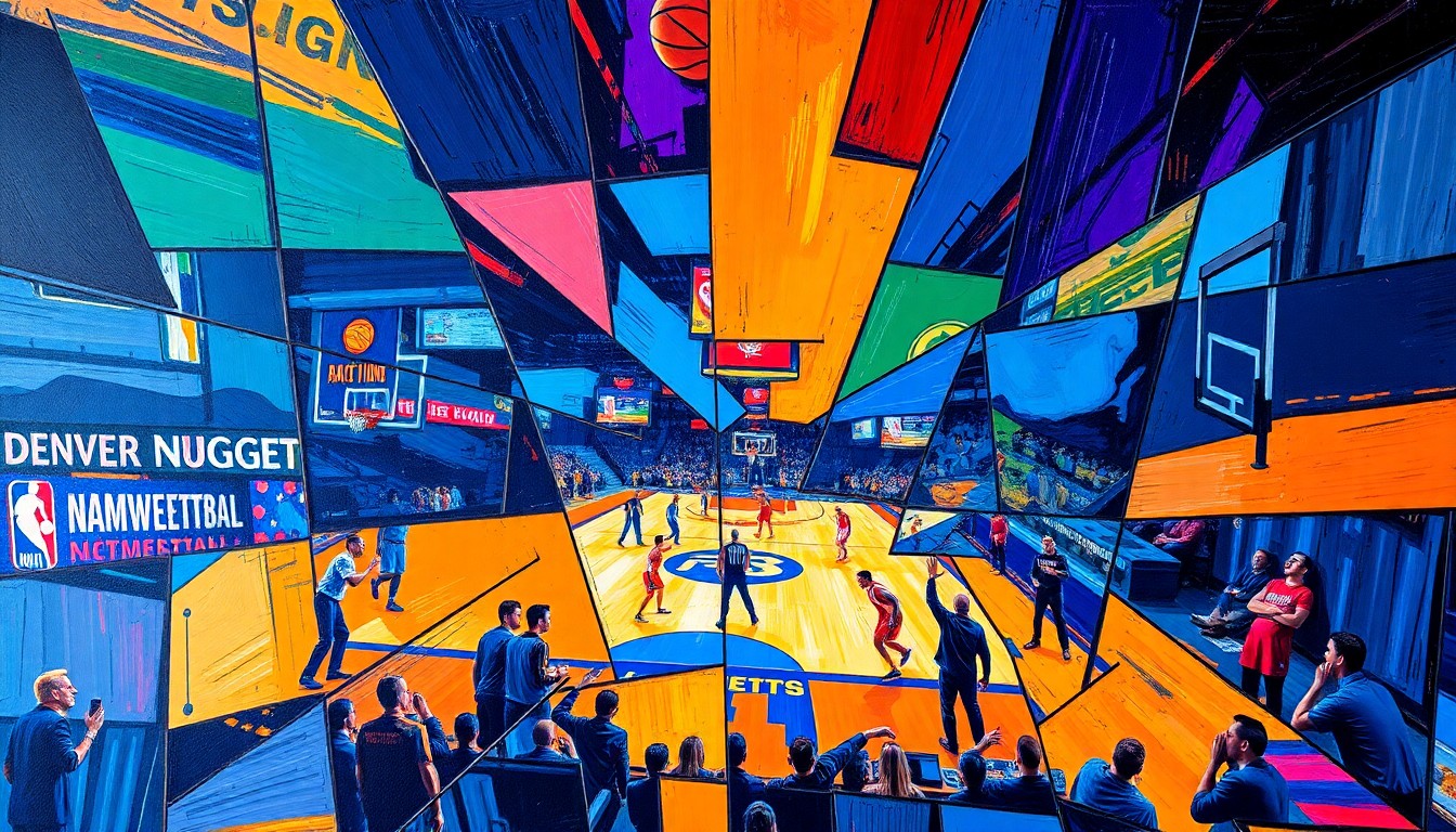 A fractured, cubist-style painting depicting a basketball game, with sharp geometric shapes and planes of vibrant colors representing the dynamic action on the court.