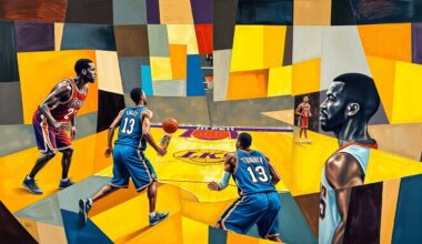 A fractured, multi-perspective painting in bold, angular shapes and planes of color, conceptually representing the fragmented energy of a basketball game between two teams.