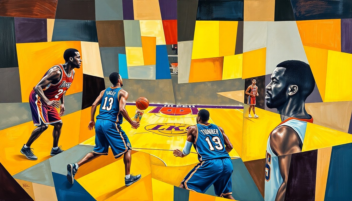 A fractured, multi-perspective painting in bold, angular shapes and planes of color, conceptually representing the fragmented energy of a basketball game between two teams.