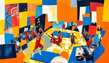 A fractured, geometric painting depicting an NBA basketball game, with the players