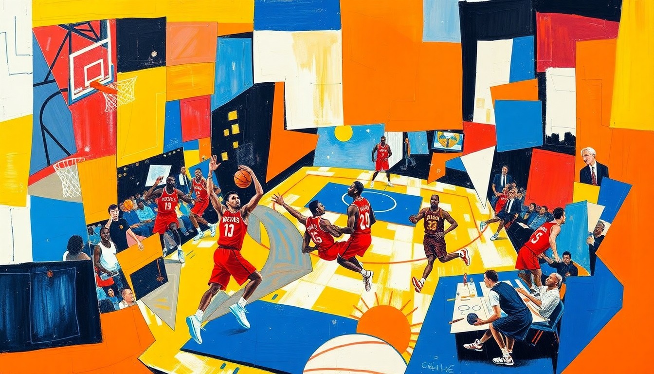 A fractured, geometric painting depicting an NBA basketball game, with the players