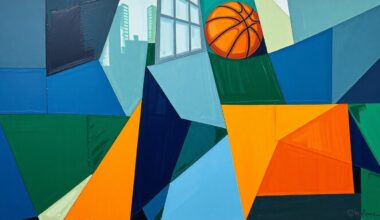 A fractured, multi-perspective painting in a cubist style, breaking down a basketball game into sharp, overlapping geometric planes in navy blue, forest green, and burnt orange, capturing the constant lineup changes and developmental focus of the Brooklyn Nets this season.