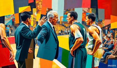 A fractured, cubist-style painting depicting the heated argument between a basketball coach and player, with the figures and court broken down into sharp, overlapping geometric shapes and planes in vibrant team colors.